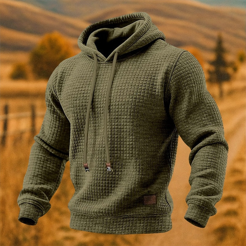 Waffle-Knit Pullover Hoodie – Army green waffle-knit hoodie with drawcords and ribbed cuffs