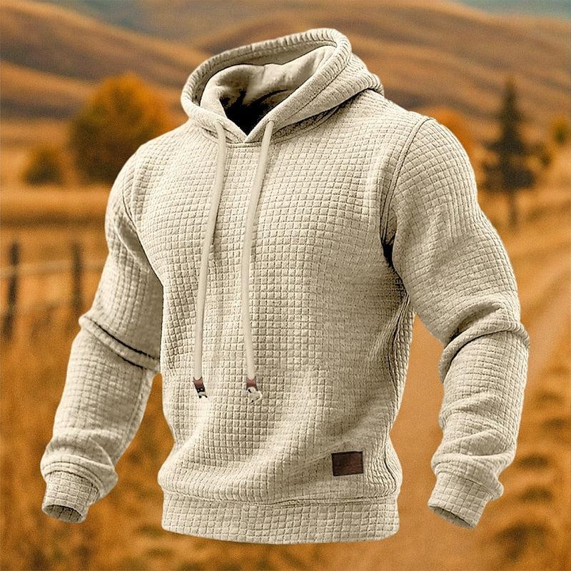 Waffle-Knit Pullover Hoodie – Cream waffle-knit hoodie with drawcords and ribbed cuffs