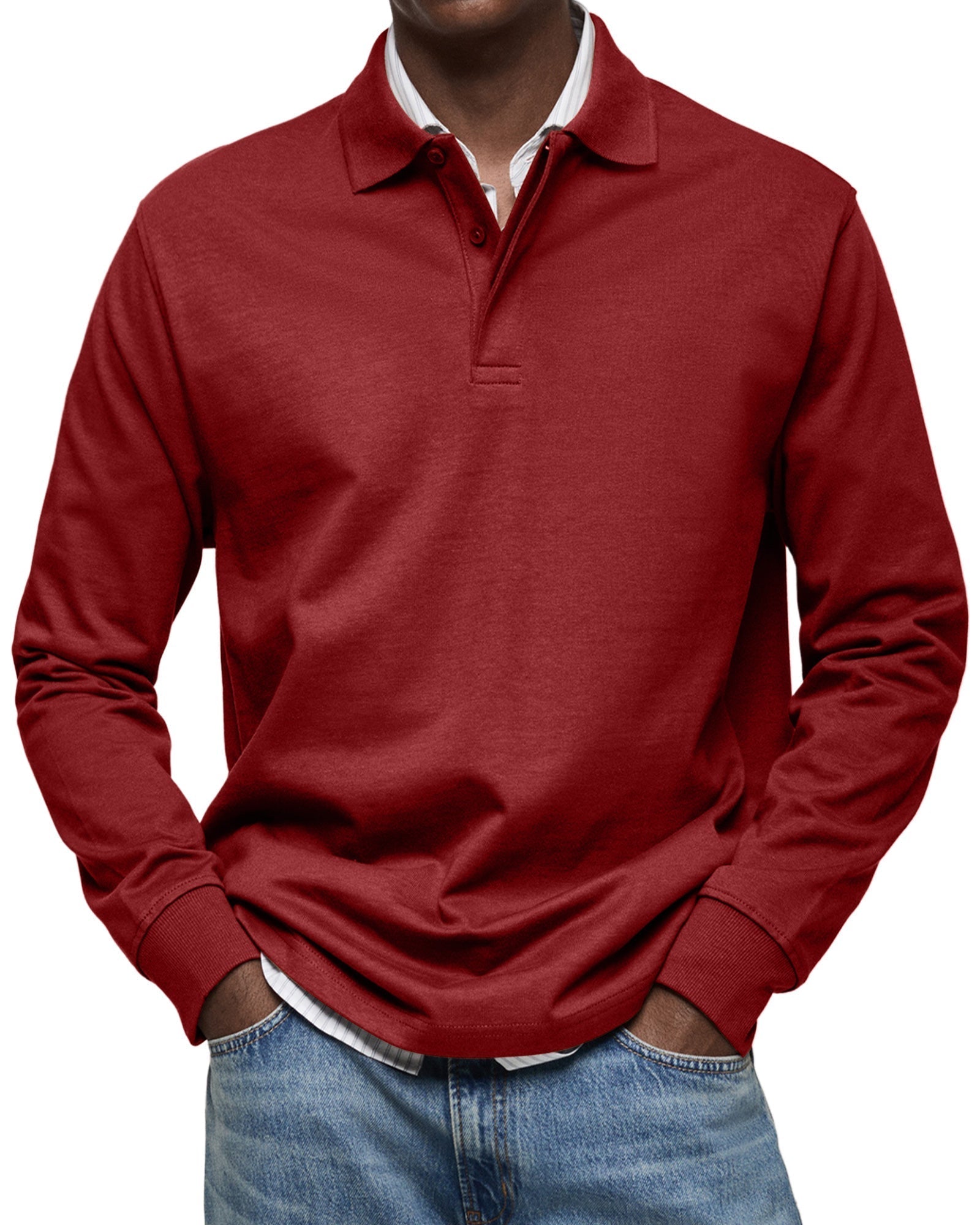 Burgundy long-sleeve fine-knit polo with a spread collar, two-button placket, and ribbed cuffs in a regular fit.