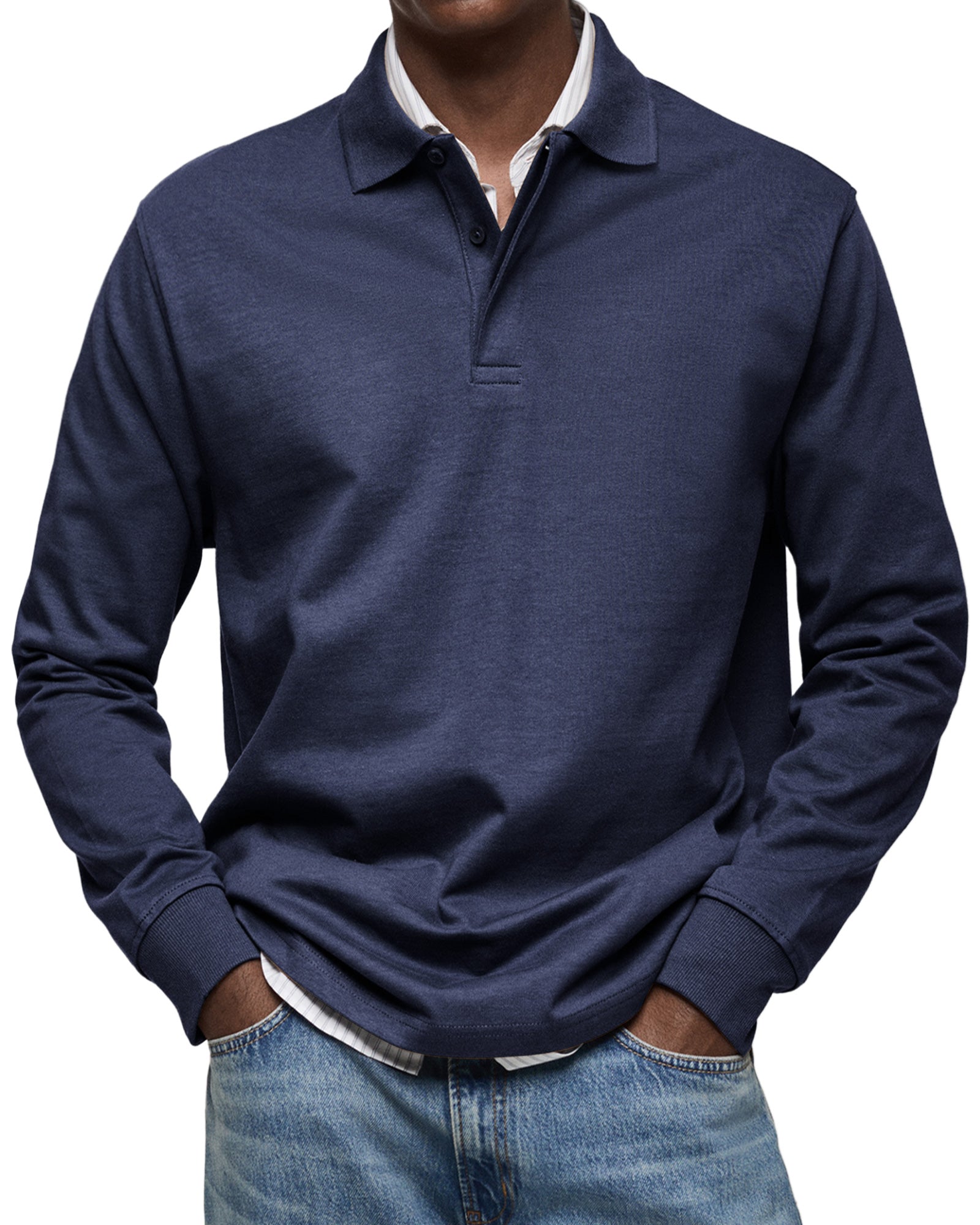 Navy blue fine-knit long-sleeve polo with a spread collar, two-button placket, and ribbed cuffs in a regular fit.