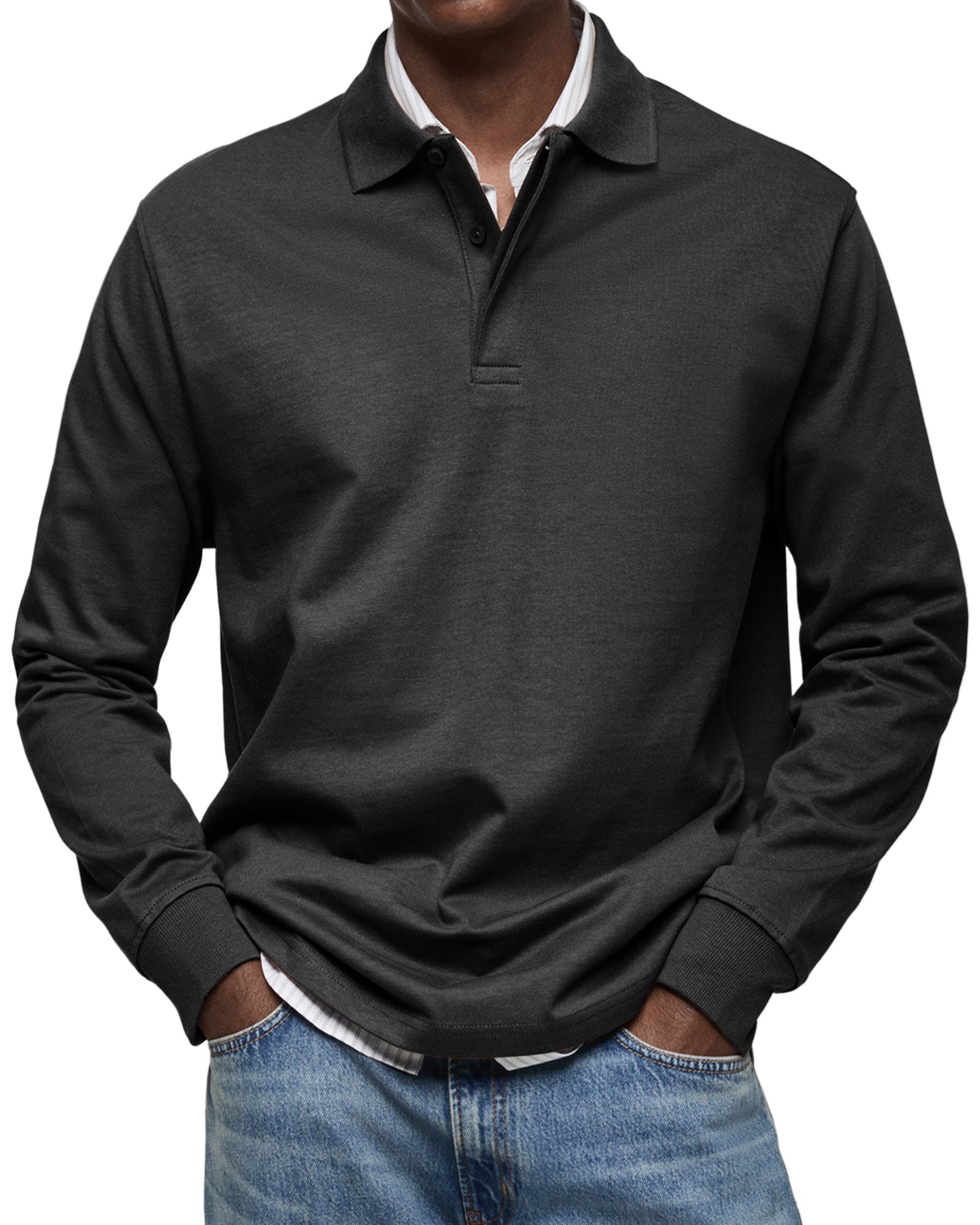 Charcoal grey long-sleeve fine-knit polo with a spread collar, two-button placket, and ribbed cuffs in a regular fit.