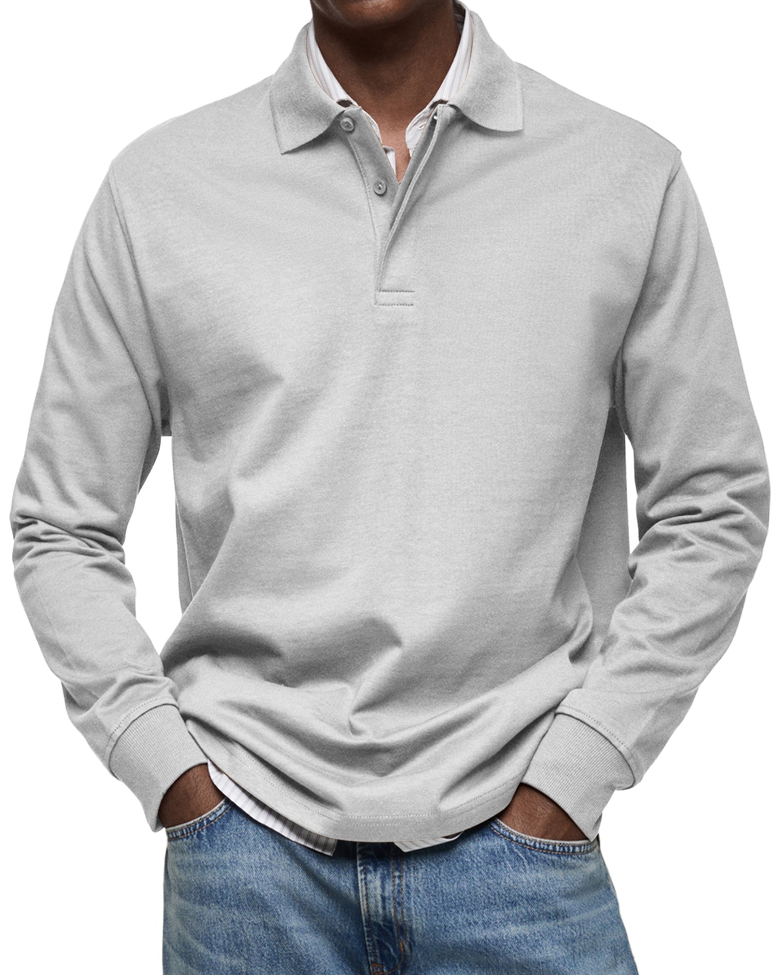 Light grey fine-knit long-sleeve polo with a spread collar, two-button placket, and ribbed cuffs in a regular fit.