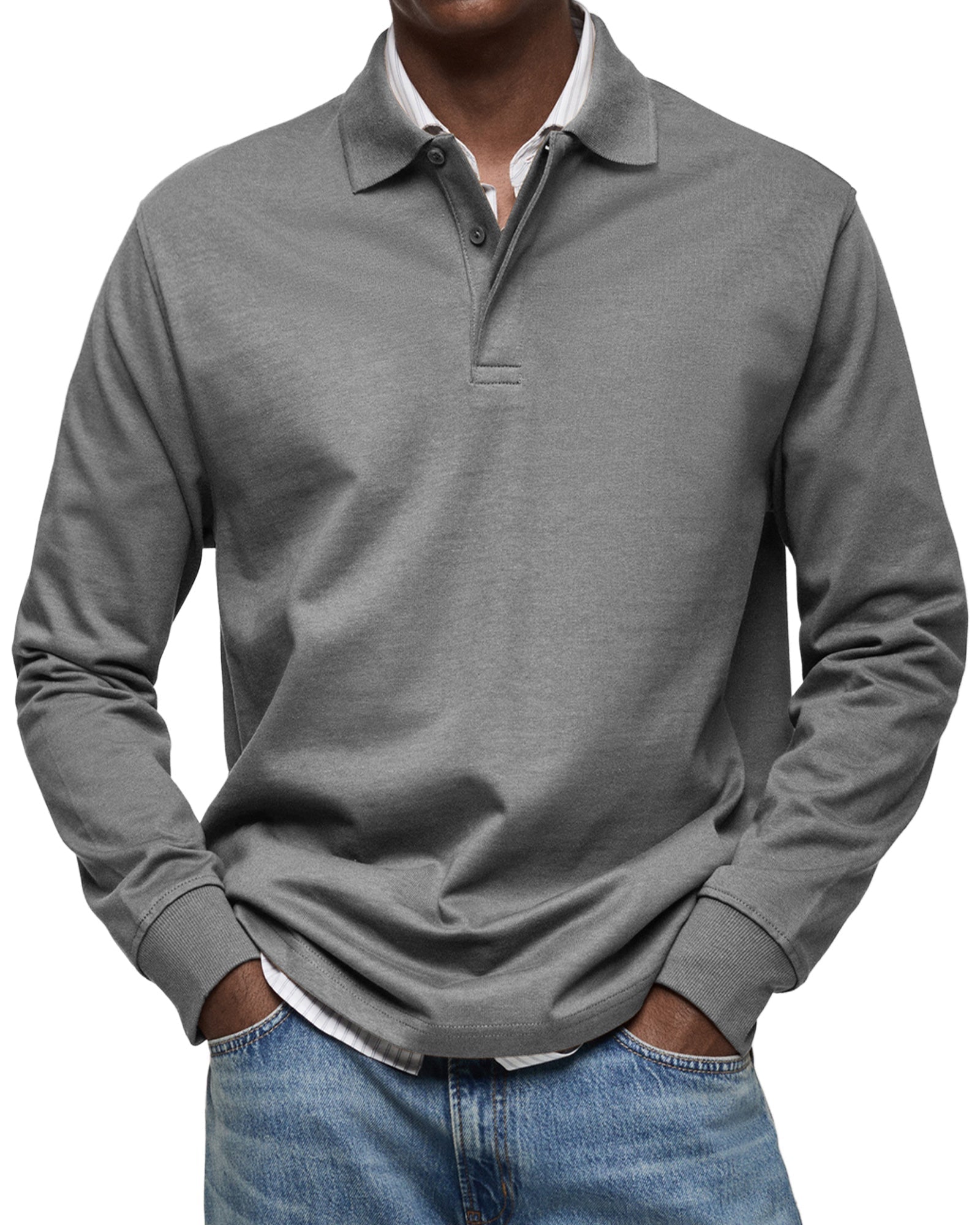 Grey fine-knit long-sleeve polo with a spread collar, two-button placket, and ribbed cuffs in a regular fit.