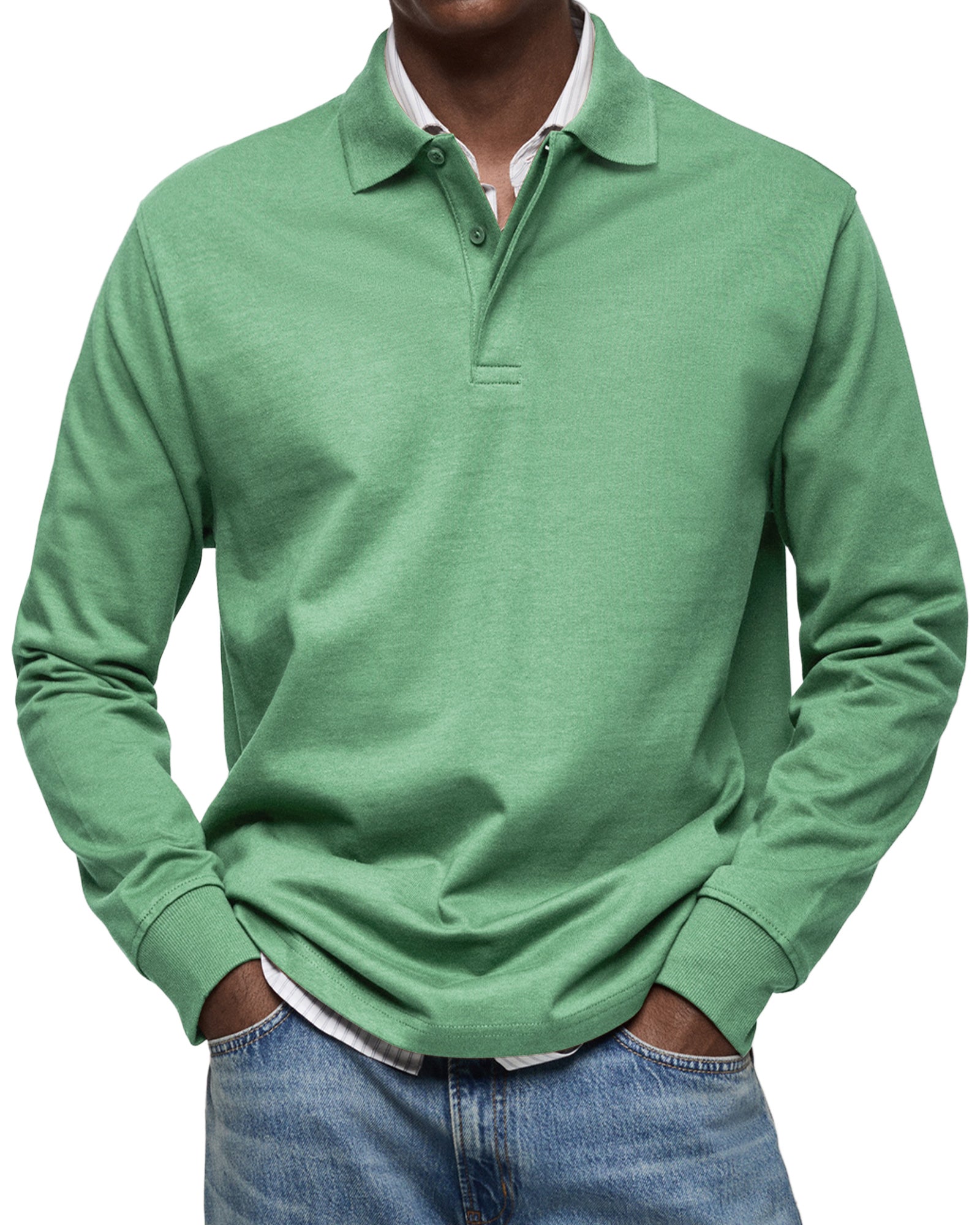 Green fine-knit long-sleeve polo with a spread collar, two-button placket, and ribbed cuffs in a regular fit.
