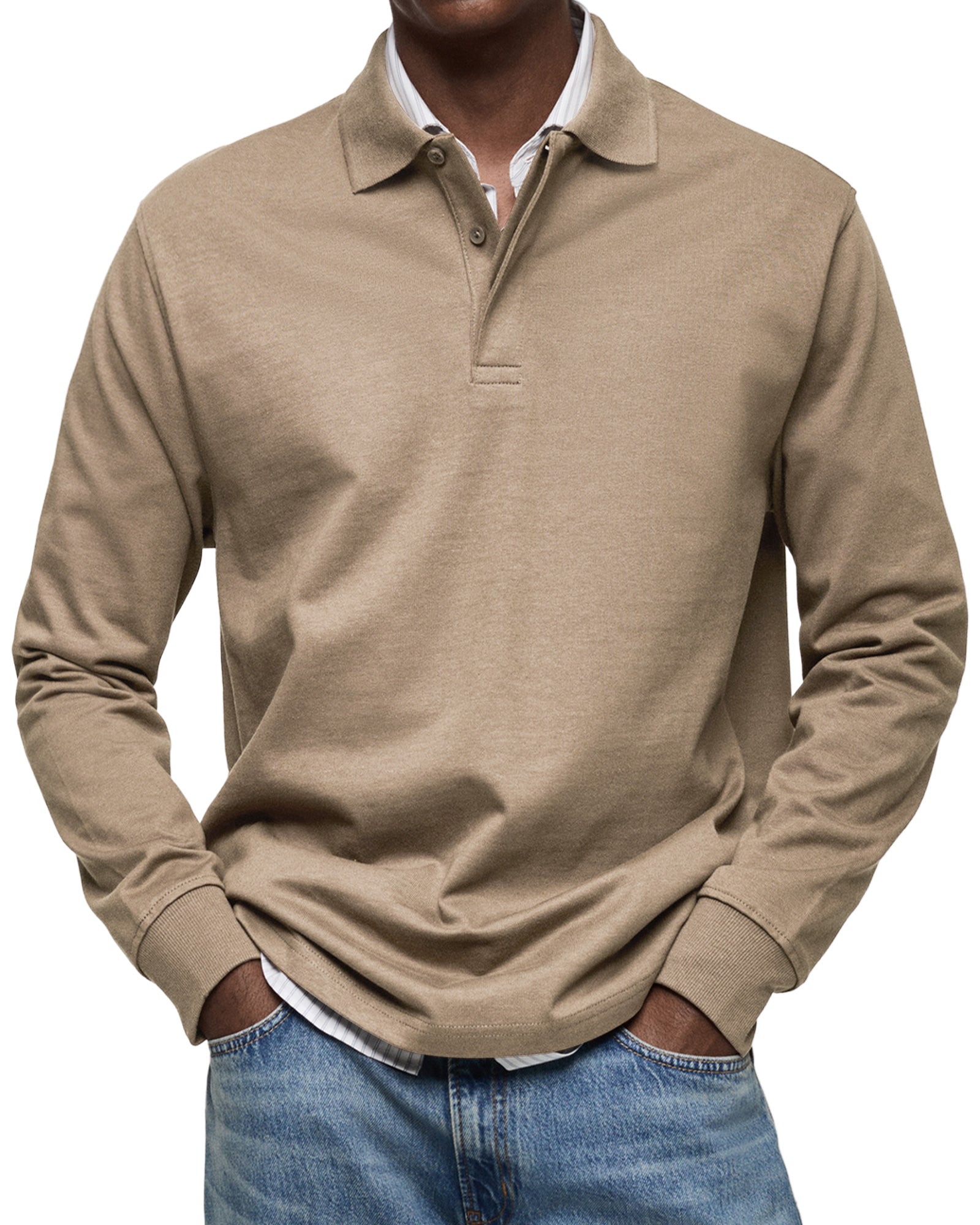 Tan fine-knit long-sleeve polo with a spread collar, two-button placket, and ribbed cuffs in a regular fit.