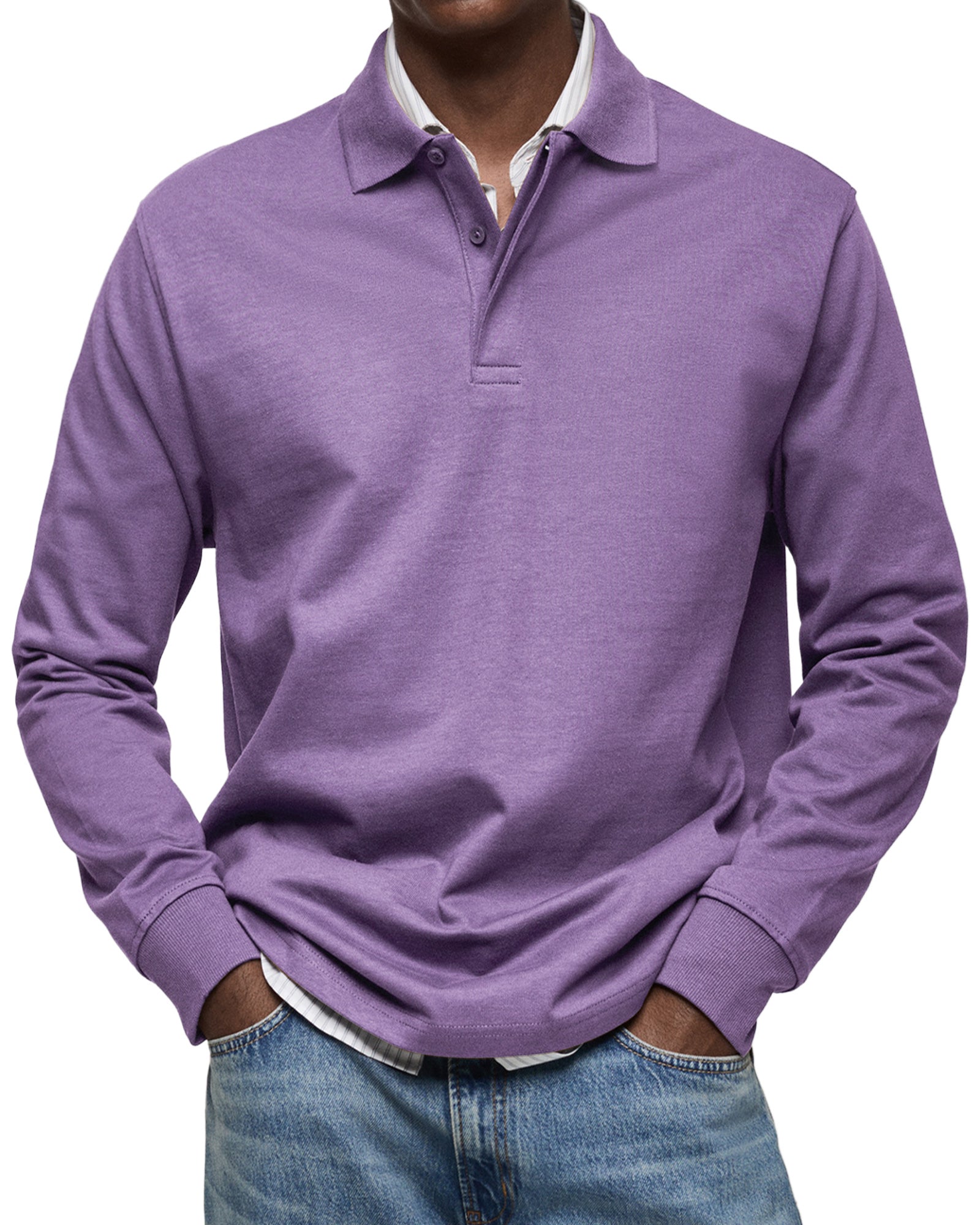 Purple long-sleeve fine-knit polo with a spread collar, two-button placket, and ribbed cuffs in a regular fit.