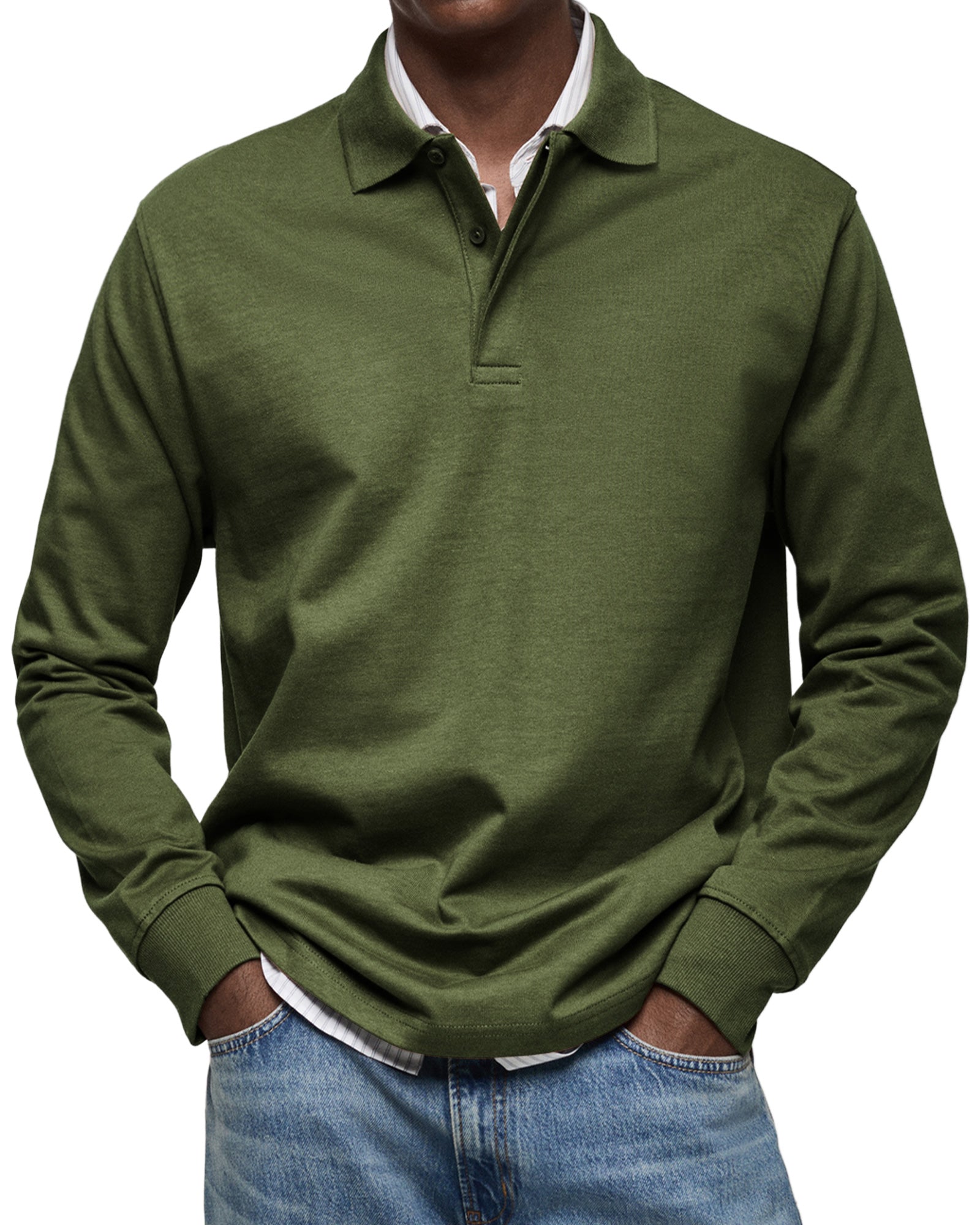 Olive green long-sleeve fine-knit polo with a spread collar, two-button placket, and ribbed cuffs in a regular fit.