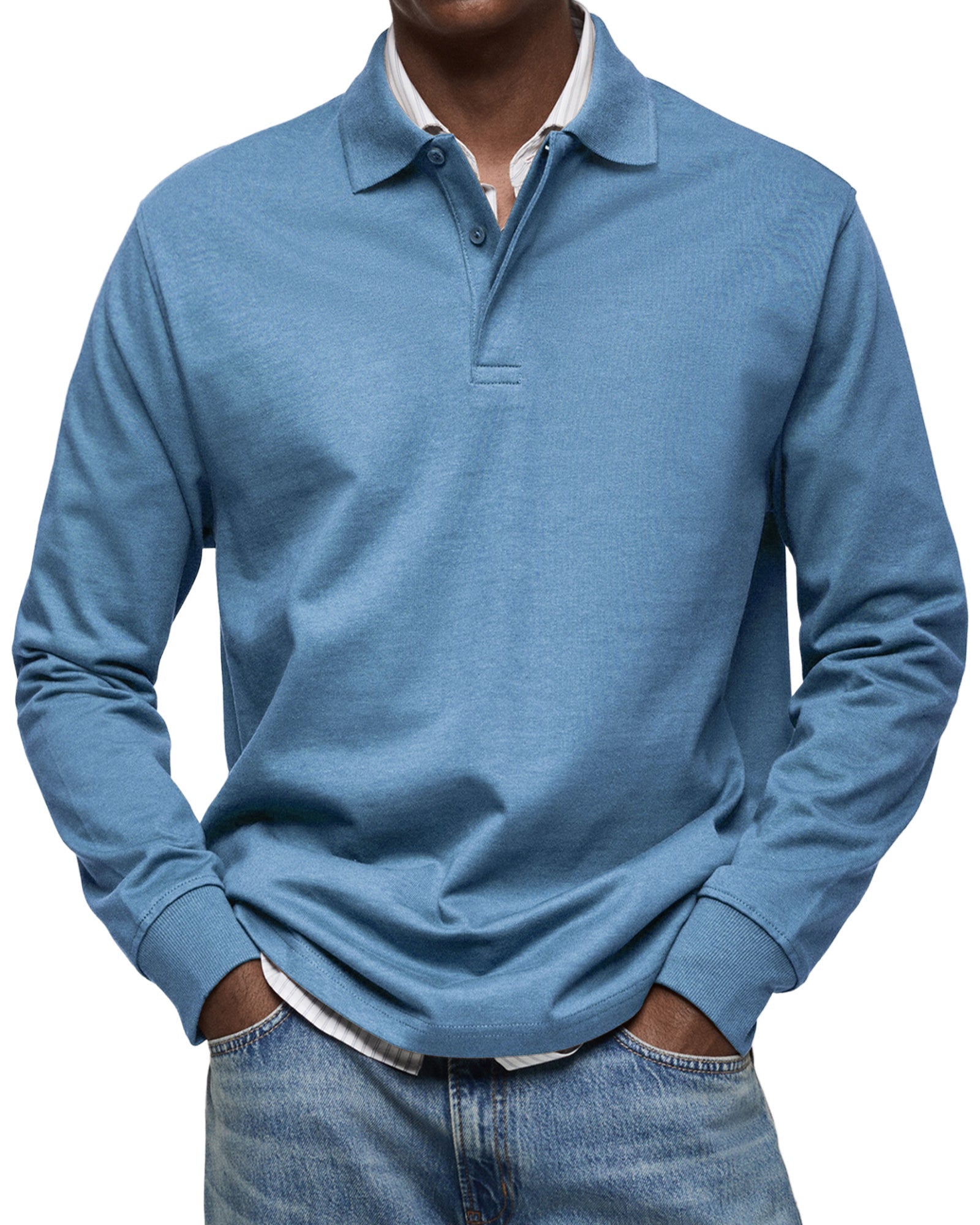 Blue long-sleeve fine-knit polo with a spread collar, two-button placket, and ribbed cuffs in a regular fit.