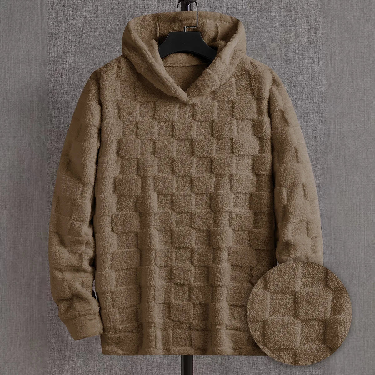 Raised Checkerboard Pullover Hoodie – Brown checkerboard textured hoodie shown from the front