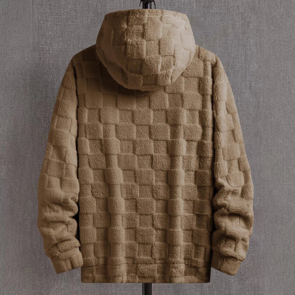 Raised Checkerboard Pullover Hoodie – Brown checkerboard textured hoodie shown from the back
