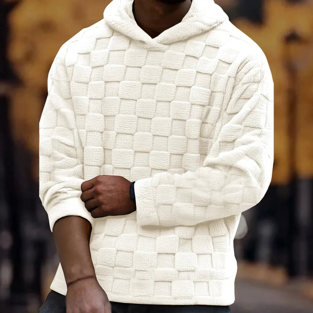 Raised Checkerboard Pullover Hoodie – White textured hoodie worn by a male model