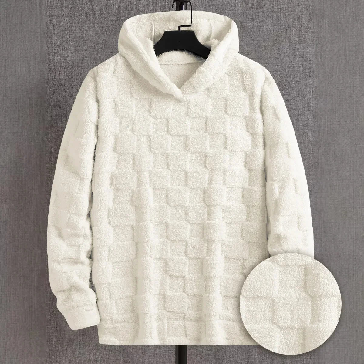 Raised Checkerboard Pullover Hoodie – White checkerboard textured hoodie shown from the front