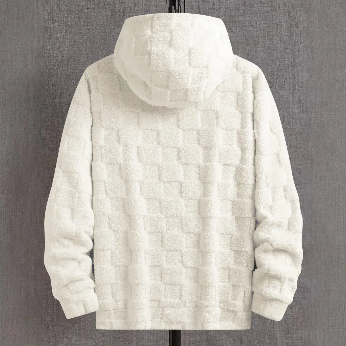 Raised Checkerboard Pullover Hoodie – White checkerboard textured hoodie shown from the back