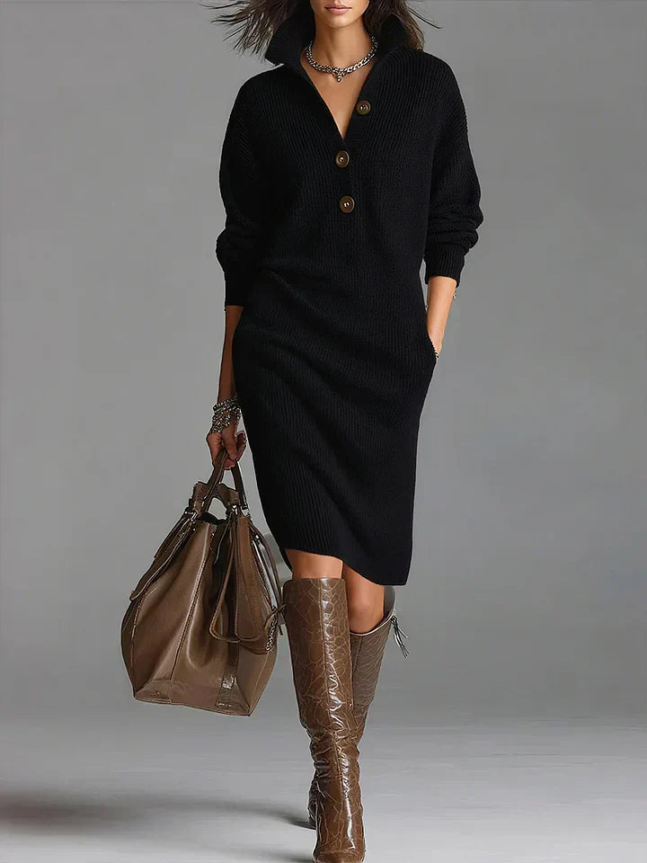 Black ribbed knit midi sweater dress with a button-down collar, long sleeves, and a relaxed, comfortable fit.
