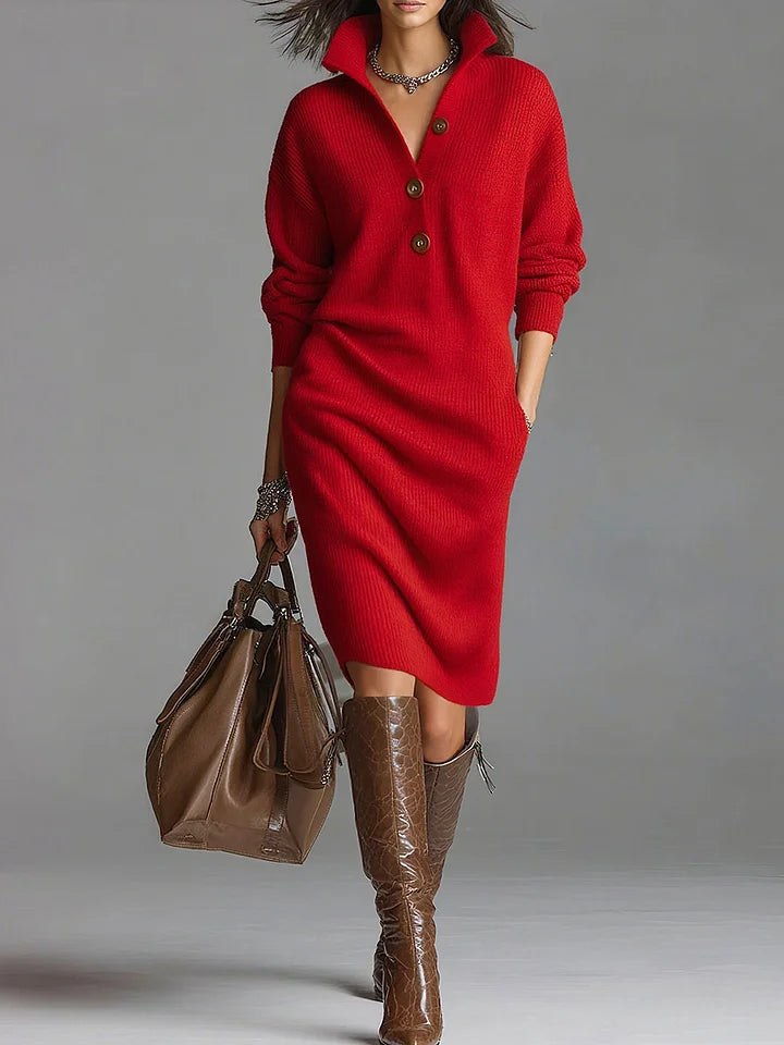 Red ribbed knit midi sweater dress with a button-down collar, long sleeves, and a relaxed fit worn with tall boots.