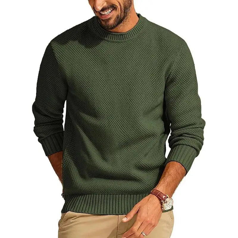 Olive green waffle-knit crew neck sweater with long sleeves and ribbed cuffs in a relaxed, casual fit.