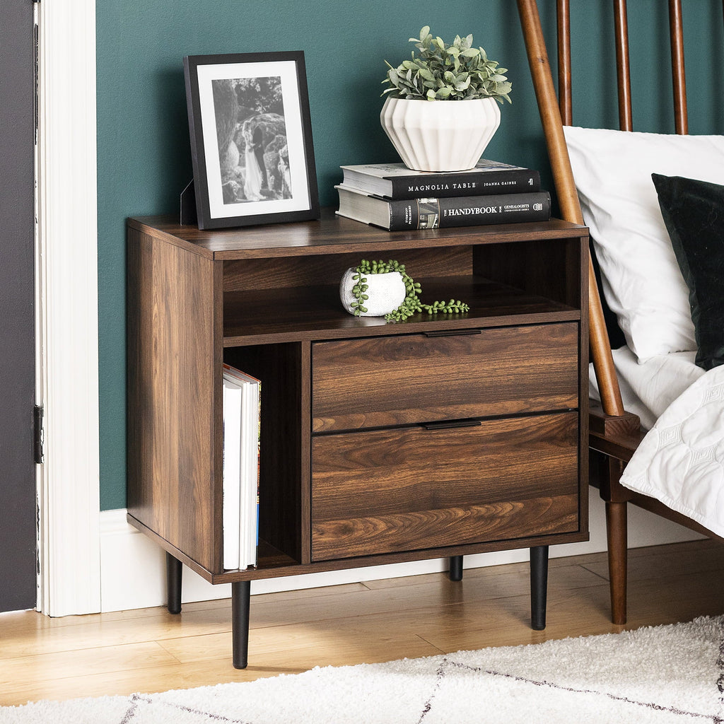 Midnight Fern - Modern Nightstand with Drawers and Shelves Birch