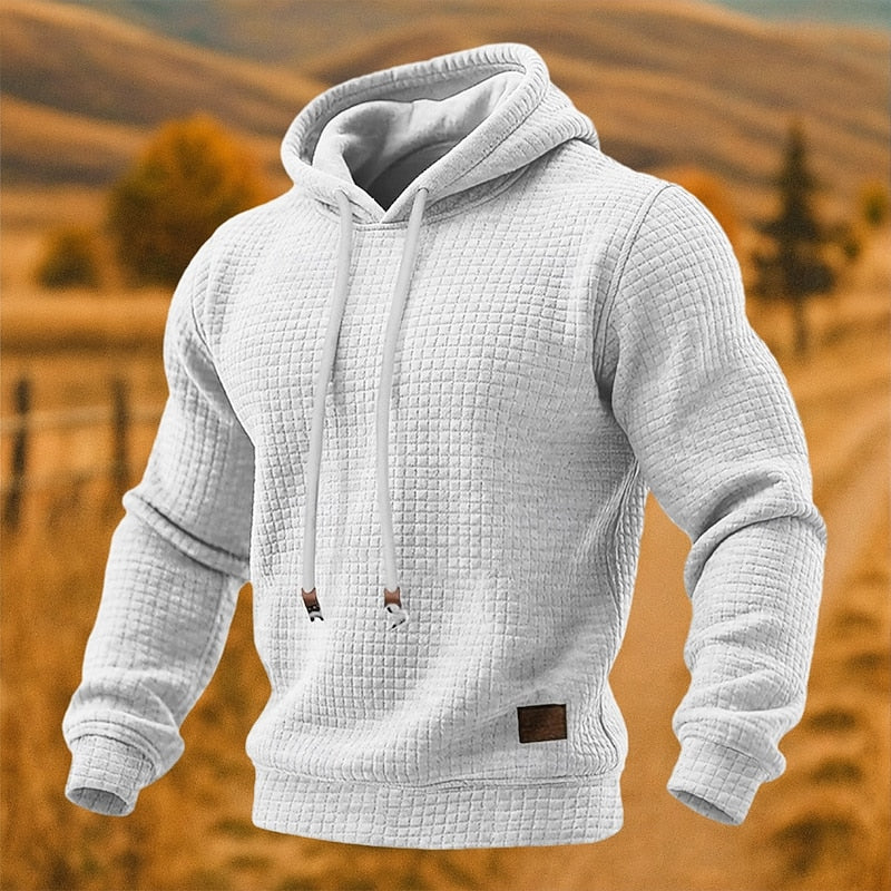 Waffle-Knit Pullover Hoodie – White waffle-knit hoodie with drawcords and ribbed cuffs